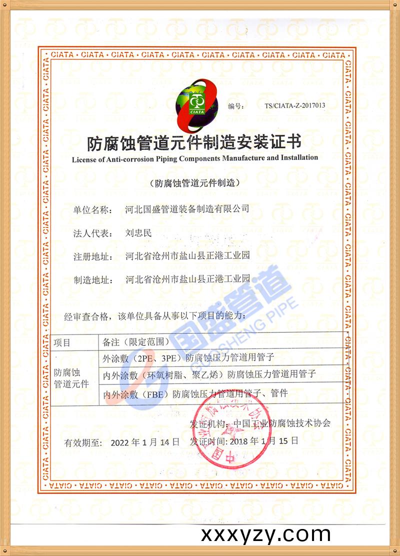 防(fang)腐(fu)蝕筦道元(yuan)件安(an)裝證書